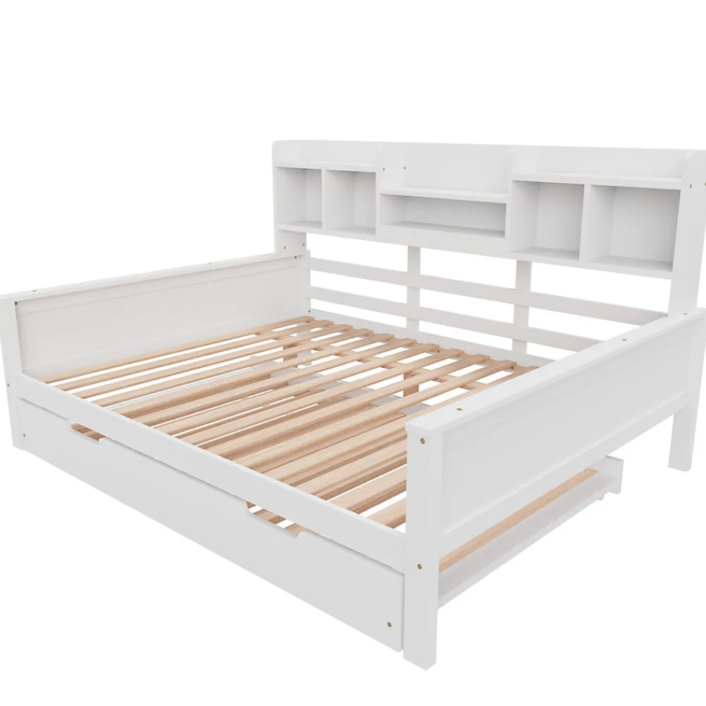Lit Gigogne 90x190/140x200 cm avec Lit Tiroir et Tiroirs de Rangement, Bois Blanc, Sommier À Lattes pour Chambre enfant, Blanc>Okwish Best