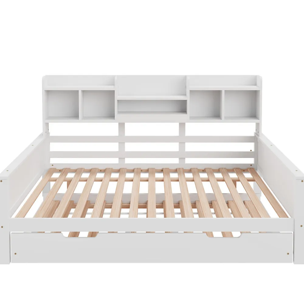 Lit Gigogne 90x190/140x200 cm avec Lit Tiroir et Tiroirs de Rangement, Bois Blanc, Sommier À Lattes pour Chambre enfant, Blanc>Okwish Best