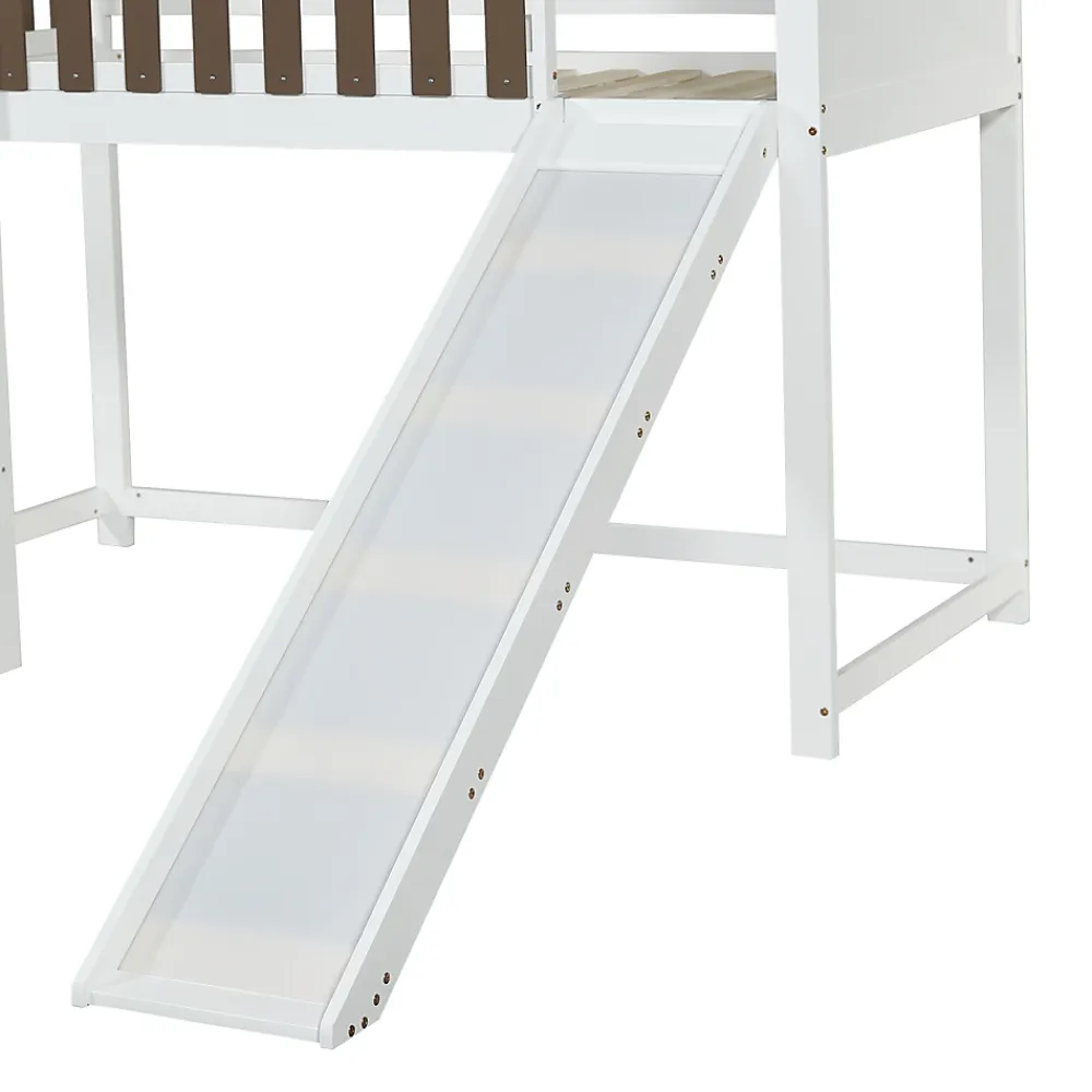 Fortuna lai Lit haut 90x200 cm avec toit, fenêtres, échelle 3 marches, sécurité, cadre bois, blanc*Enfant Lit Enfant