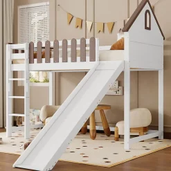 Fortuna lai Lit haut 90x200 cm avec toit, fenêtres, échelle 3 marches, sécurité, cadre bois, blanc*Enfant Lit Enfant