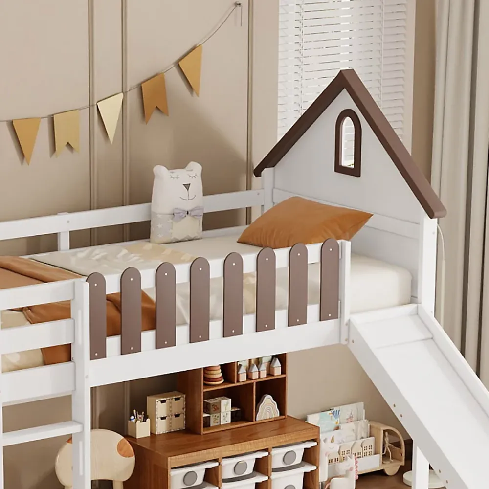 Fortuna lai Lit haut 90x200 cm avec toit, fenêtres, échelle 3 marches, sécurité, cadre bois, blanc*Enfant Lit Enfant