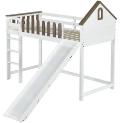 Fortuna lai Lit haut 90x200 cm avec toit, fenêtres, échelle 3 marches, sécurité, cadre bois, blanc*Enfant Lit Enfant