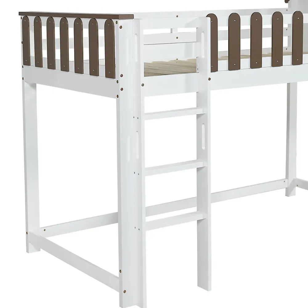 Fortuna lai Lit haut 90x200 cm avec toit, fenêtres, échelle 3 marches, sécurité, cadre bois, blanc*Enfant Lit Enfant