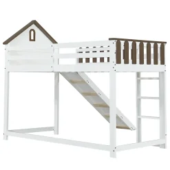 Fortuna lai Lit haut 90x200 cm avec toit, fenêtres, échelle 3 marches, sécurité, cadre bois, blanc*Enfant Lit Enfant