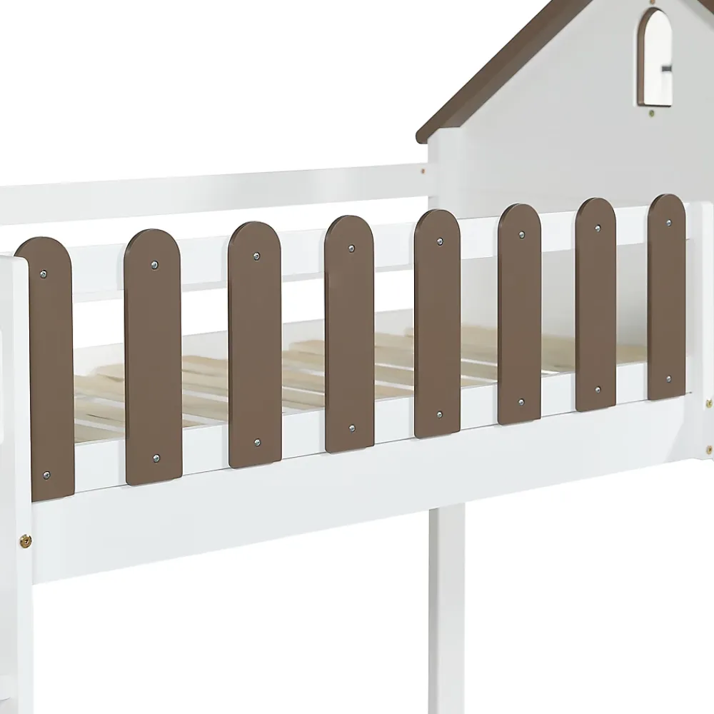 Fortuna lai Lit haut 90x200 cm avec toit, fenêtres, échelle 3 marches, sécurité, cadre bois, blanc*Enfant Lit Enfant