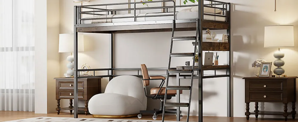 Lit Haut 90x200cm, Bureau, Rangement, Échelle, Métal, Noir>Fortuna lai Sale