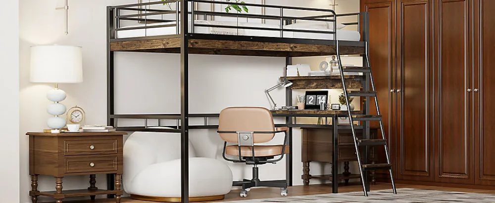 Lit Haut 90x200cm, Bureau, Rangement, Échelle, Métal, Noir>Fortuna lai Sale