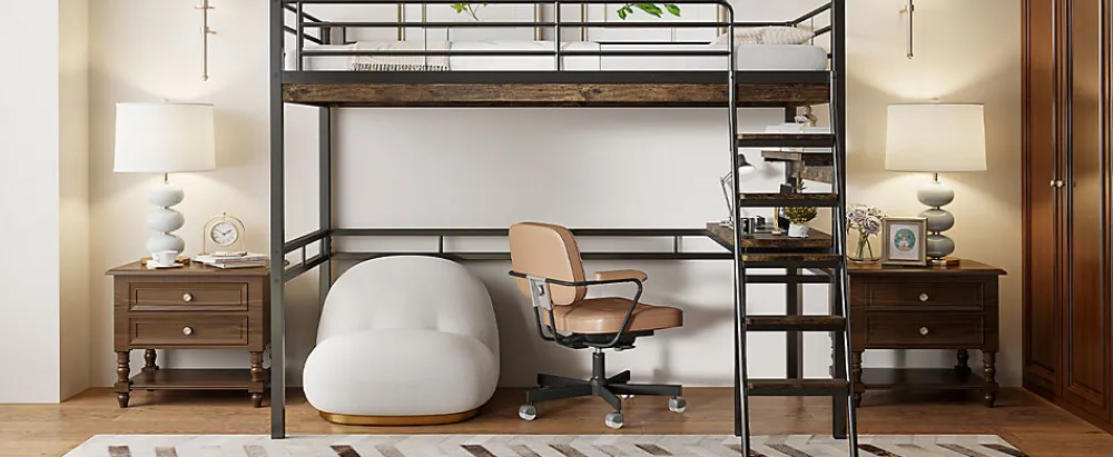 Lit Haut 90x200cm, Bureau, Rangement, Échelle, Métal, Noir>Fortuna lai Sale