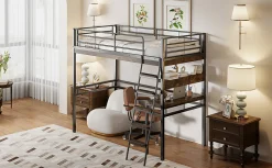 Lit Haut 90x200cm, Bureau, Rangement, Échelle, Métal, Noir><noscript><img width=