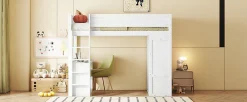 Lit Haut 90x200cm, Lit pour Enfant avec Bureau, Armoire, Blanc><noscript><img width=