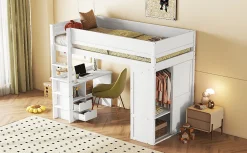 Lit Haut 90x200cm, Lit pour Enfant avec Bureau, Armoire, Blanc><noscript><img width=