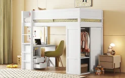 Lit Haut 90x200cm, Lit pour Enfant avec Bureau, Armoire, Blanc><noscript><img width=