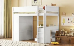 Lit Haut 90x200cm, Lit pour Enfant avec Bureau, Armoire, Blanc><noscript><img width=