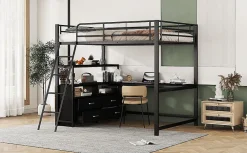 Lit Haut 140x200cm, Métal, Bureau, Rangement, Échelle, Sans Matelas, Noir><noscript><img width=