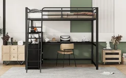 Lit Haut 140x200cm, Métal, Bureau, Rangement, Échelle, Sans Matelas, Noir><noscript><img width=