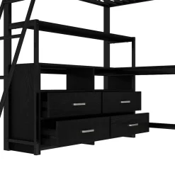 Lit Haut 140x200cm, Métal, Bureau, Rangement, Échelle, Sans Matelas, Noir><noscript><img width=