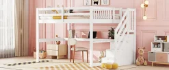 Fortuna lai Lit Haut 140x200cm, Rangement, Bureau, Échelle, Sans Matelas, Blanc*Enfant Lit Enfant