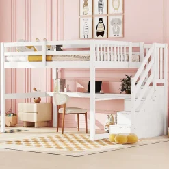 Fortuna lai Lit Haut 140x200cm, Rangement, Bureau, Échelle, Sans Matelas, Blanc*Enfant Lit Enfant