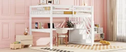 Fortuna lai Lit Haut 140x200cm, Rangement, Bureau, Échelle, Sans Matelas, Blanc*Enfant Lit Enfant