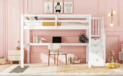 Fortuna lai Lit Haut 140x200cm, Rangement, Bureau, Échelle, Sans Matelas, Blanc*Enfant Lit Enfant
