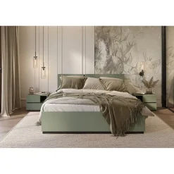Meublorama Lit HAVANA 160x200 avec sommier Coloris vert sauge et noir Design moderne et structure robuste* Lit Double