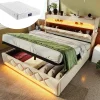 Lit hydraulique 140x200cm, lit double, espace de rangement en tête de lit avec port usb et type c, lin, beige, avec matelas>Gutent Best