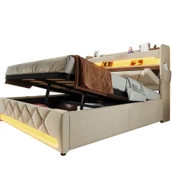 Lit hydraulique 140x200cm, lit double, espace de rangement en tête de lit avec port usb et type c, lin, beige, avec matelas>Gutent Best
