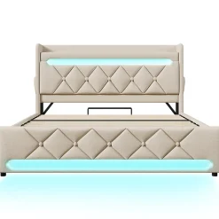 Lit hydraulique 140x200cm, lit double, espace de rangement en tête de lit avec port usb et type c, lin, beige, avec matelas><noscript><img width=