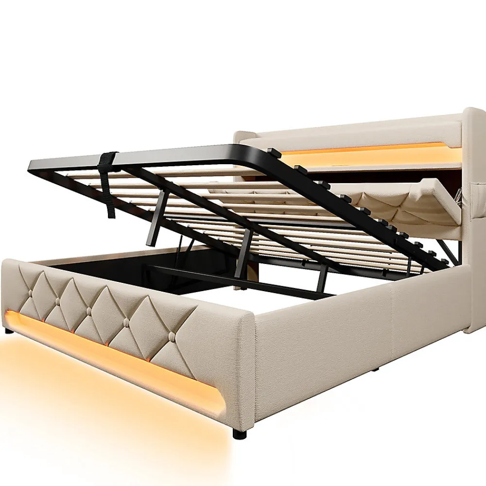 Lit hydraulique 140x200cm, lit double, espace de rangement en tête de lit avec port usb et type c, lin, beige, avec matelas>Gutent Best