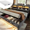 Lit hydraulique 140x200cm, lit double, espace de rangement en tête de lit avec port usb et type c, lin, gris, avec matelas>Gutent Online
