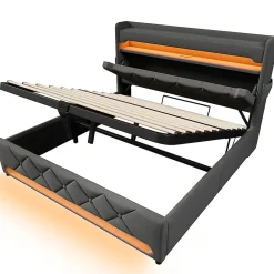 Lit hydraulique 140x200cm, lit double, espace de rangement en tête de lit avec port usb et type c, lin, gris, avec matelas><noscript><img width=