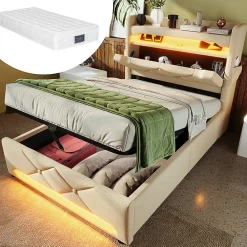 Lit hydraulique 90x200cm, Single, espace de rangement en tête de lit avec port usb et type c, lin, beige, avec matelas>Gutent Hot