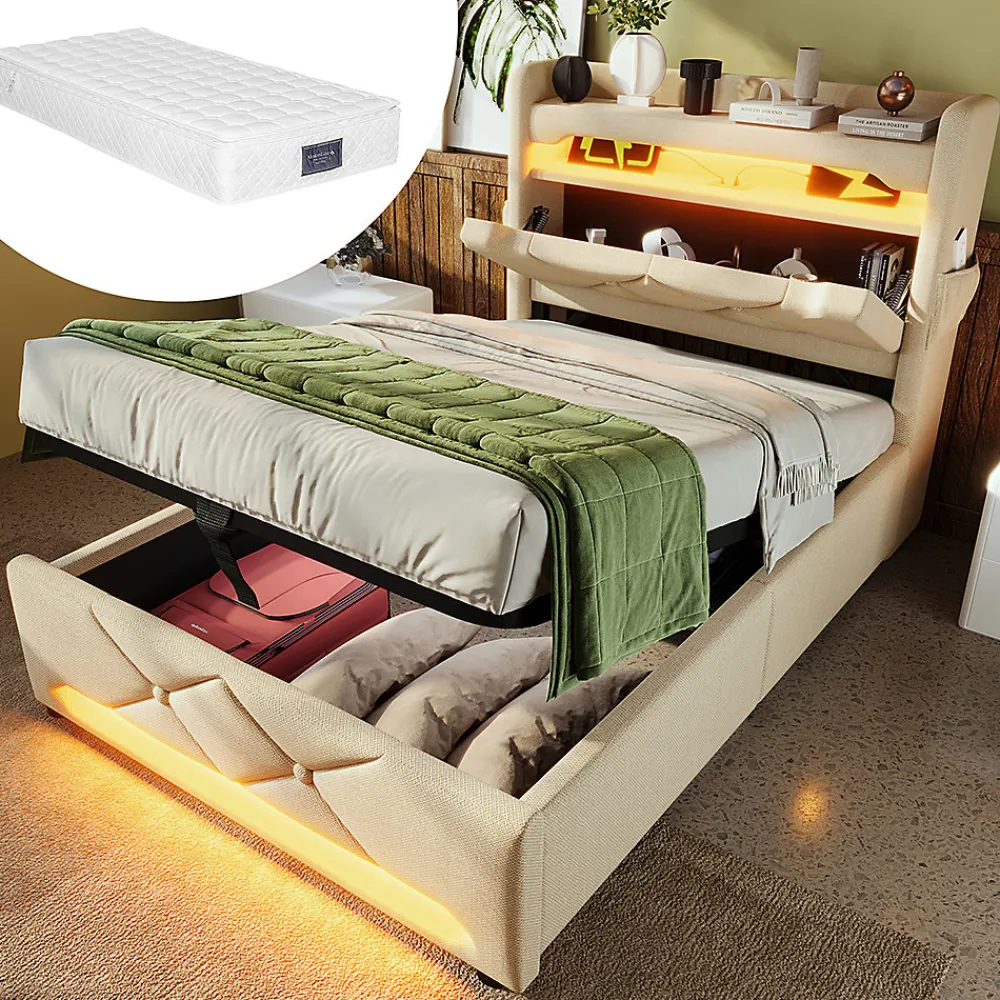 Lit hydraulique 90x200cm, Single, espace de rangement en tête de lit avec port usb et type c, lin, beige, avec matelas>Gutent Hot