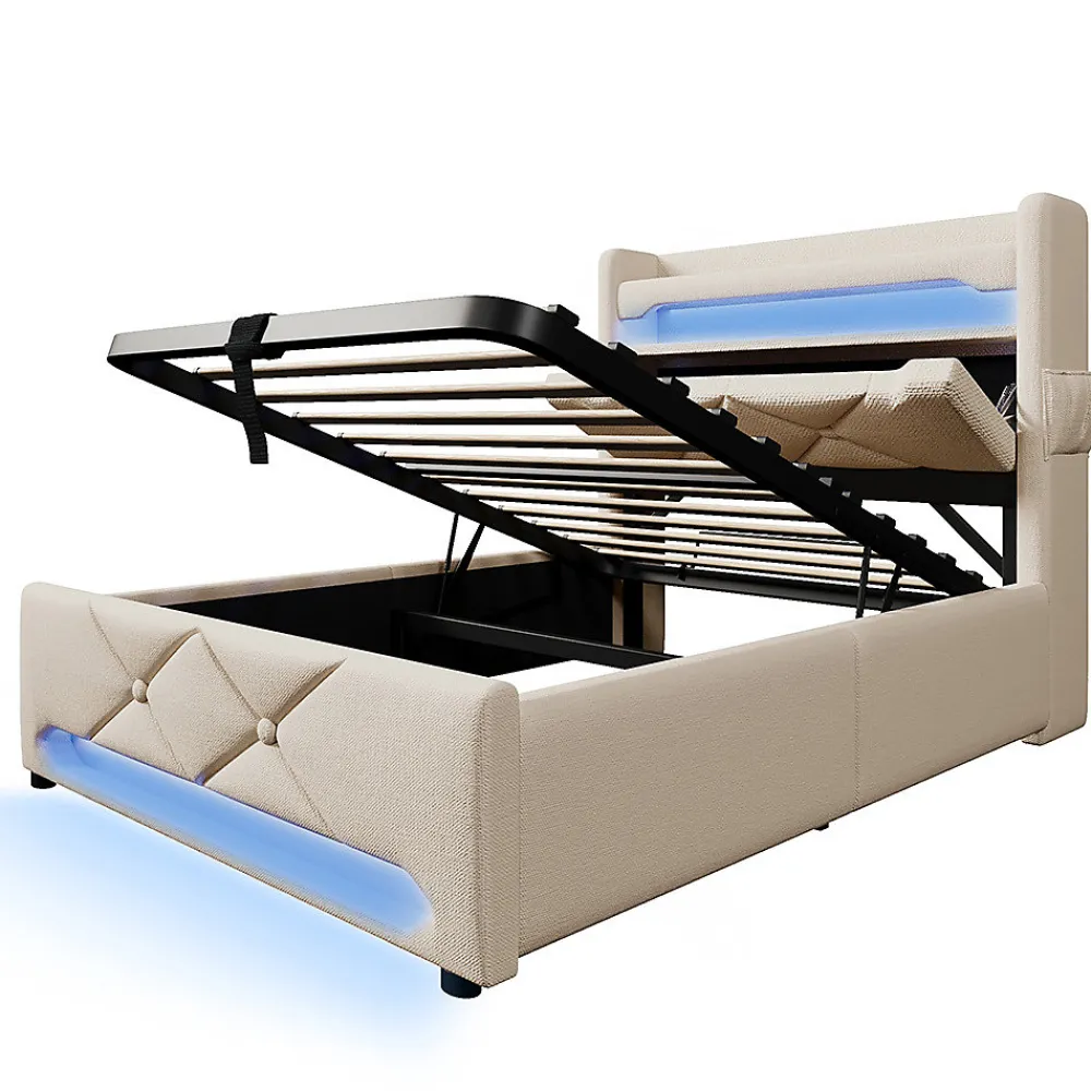Lit hydraulique 90x200cm, Single, espace de rangement en tête de lit avec port usb et type c, lin, beige, avec matelas>Gutent Hot