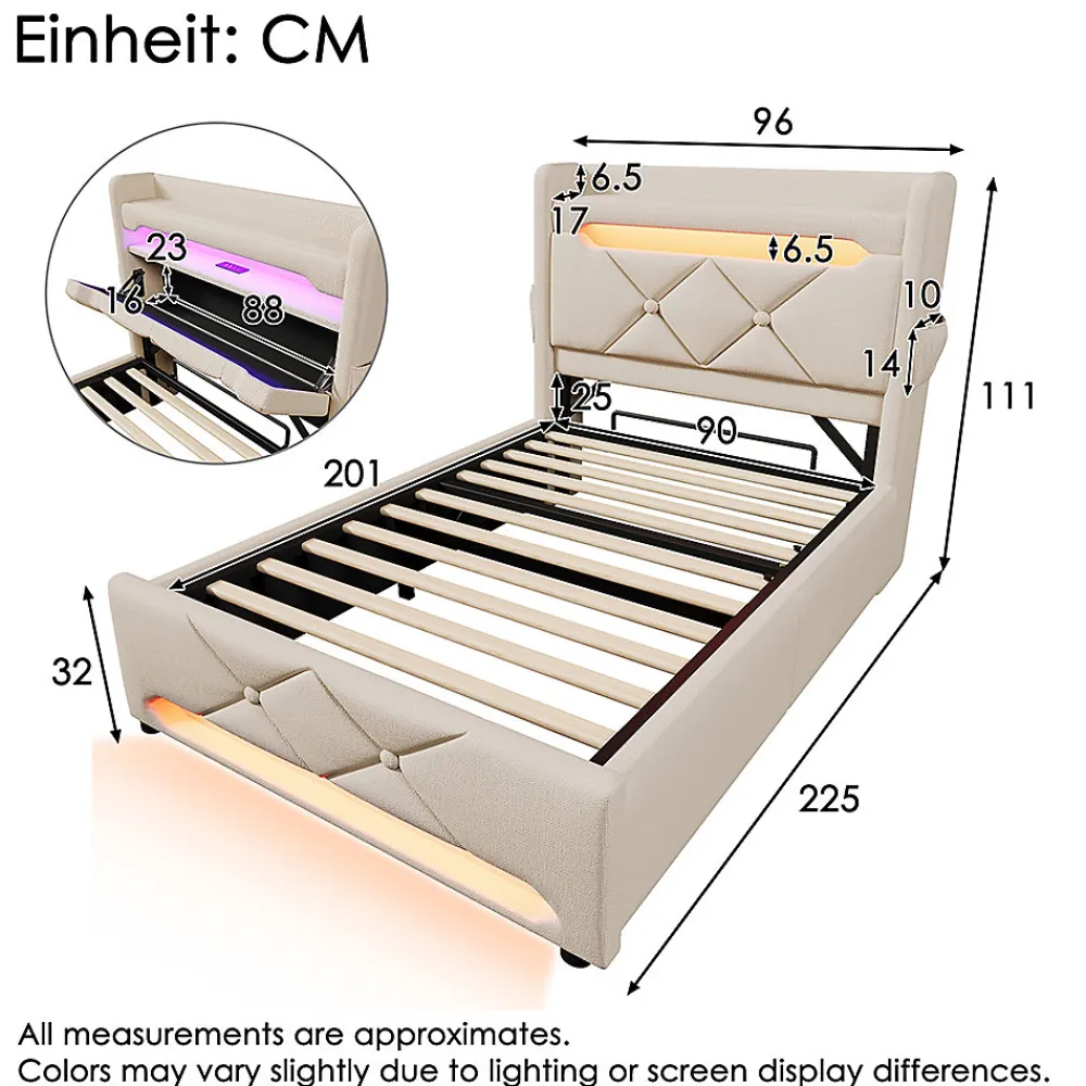 Lit hydraulique 90x200cm, Single, espace de rangement en tête de lit avec port usb et type c, lin, beige, avec matelas>Gutent Hot
