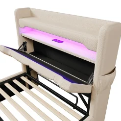 Lit hydraulique 90x200cm, Single, espace de rangement en tête de lit avec port usb et type c, lin, beige, avec matelas><noscript><img width=