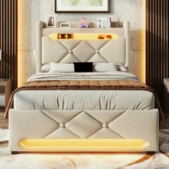 Lit hydraulique 90x200cm, Single, espace de rangement en tête de lit avec port usb et type c, lin, beige, avec matelas><noscript><img width=