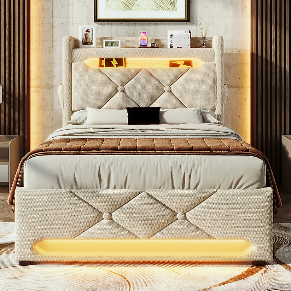 Lit hydraulique 90x200cm, Single, espace de rangement en tête de lit avec port usb et type c, lin, beige, avec matelas>Gutent Hot