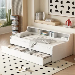 Lit individuel 90x200cm, avec tiroirs, Blanc>Fortuna lai Clearance