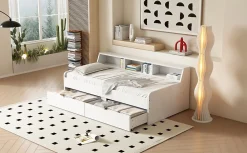 Lit individuel 90x200cm, avec tiroirs, Blanc><noscript><img width=