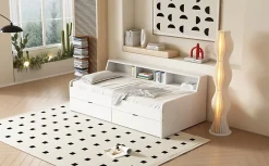 Lit individuel 90x200cm, avec tiroirs, Blanc><noscript><img width=