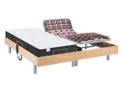 Lit électrique de relaxation tout plots + matelas ressorts ensachés et mémoire forme - 2 x 70 x 190 cm - Chêne - PHANES de YSMÉE>Vente-unique New