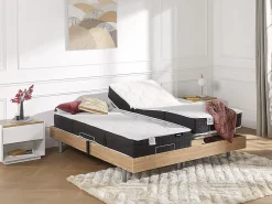 Lit électrique de relaxation tout plots + matelas ressorts ensachés et mémoire forme - 2 x 70 x 190 cm - Chêne - PHANES de YSMÉE><noscript><img width=