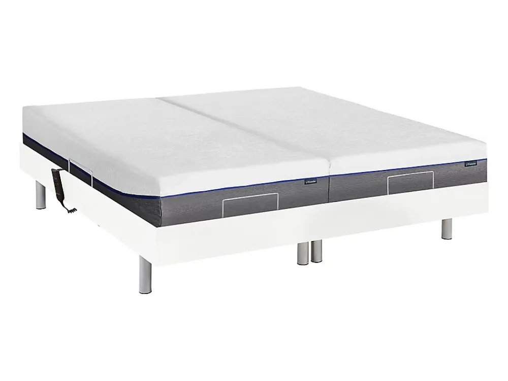 Vente-unique Lit électrique de relaxation tout plots + matelas mémoire de forme - 2 x 80 x 200 cm - Blanc - HESIODE III de YSMÉE* Lit Double