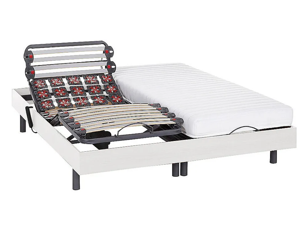 Lit électrique de relaxation lattes et plots + matelas accueil latex - 2 x 80 x 200 cm - Blanc - PANDORA II de YSMÉE>Vente-unique Online