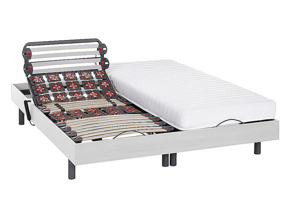 Lit électrique de relaxation lattes et plots + matelas accueil latex - 2 x 80 x 200 cm - Blanc - PANDORA II de YSMÉE>Vente-unique Online