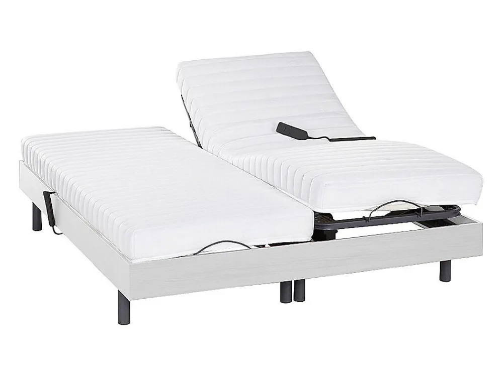 Lit électrique de relaxation lattes et plots + matelas accueil latex - 2 x 80 x 200 cm - Blanc - PANDORA II de YSMÉE>Vente-unique Online