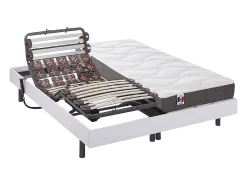 Vente-unique Lit électrique de relaxation lattes et plots + matelas 100% latex 3 zones - 2 x 80 x 200 cm - Blanc - MENELAS de YSMÉE* Lit Double