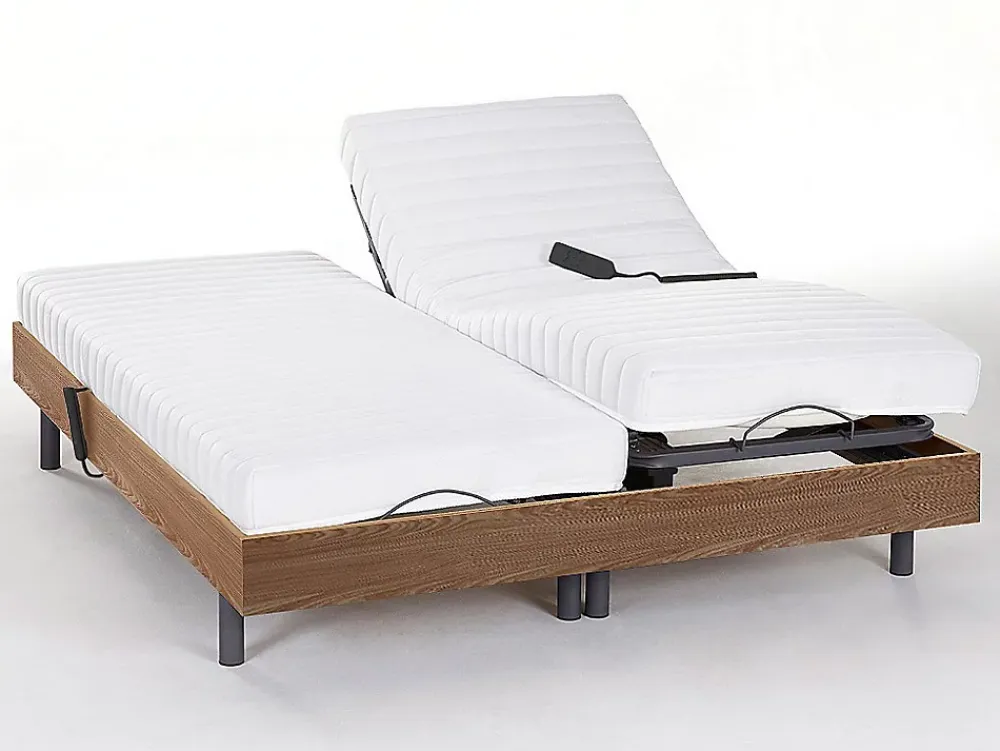 Vente-unique Lit électrique de relaxation lattes et plots + matelas accueil latex - 2 x 80 x 200 cm - Chêne - PANDORA II de YSMÉE* Lit Double