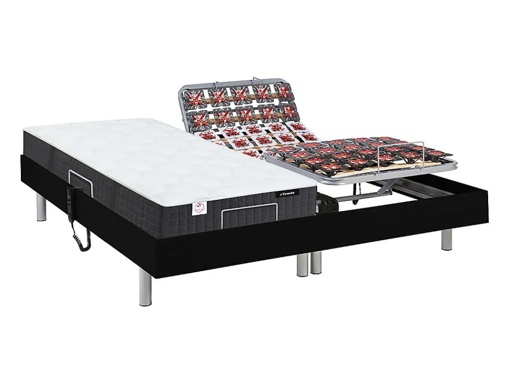 Lit électrique de relaxation tout plots + matelas ressorts ensachés et mémoire forme - 2 x 70 x 190 cm - Noir - PHANES de YSMÉE>Vente-unique Online
